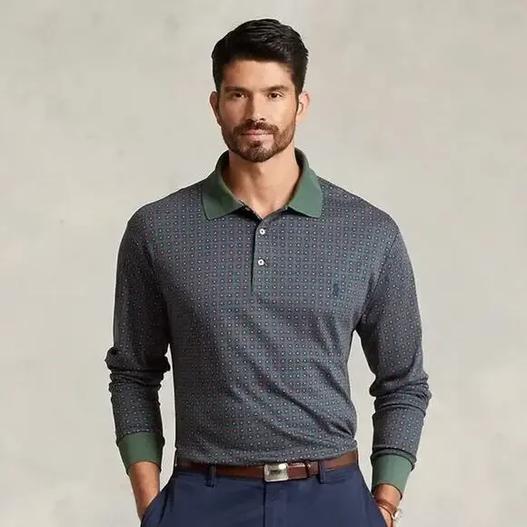 *Flawed Polo Ralph Lauren Soft Cotton Long Sleeve Polo Shirt Geometric Men's 2XB - Picture 1 of 11